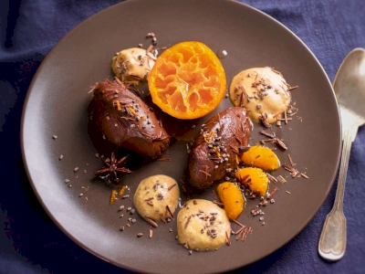 Espuma au café, mandarine confite & crémeux au chocolat Espuma au café, mandarine confite & crémeux au chocolat
